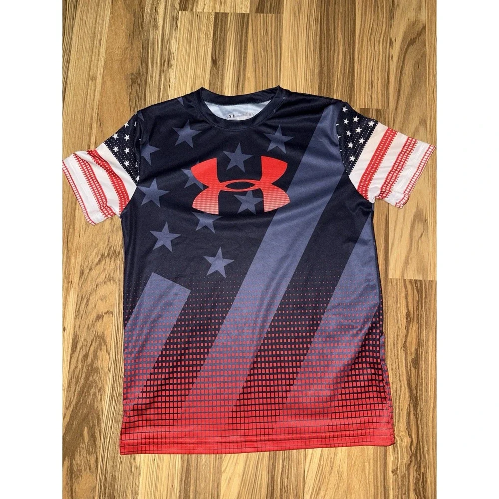 Under Armour Boys Youth Large YL‎ Heat gear American Flag Iron Man Shorts Shirts